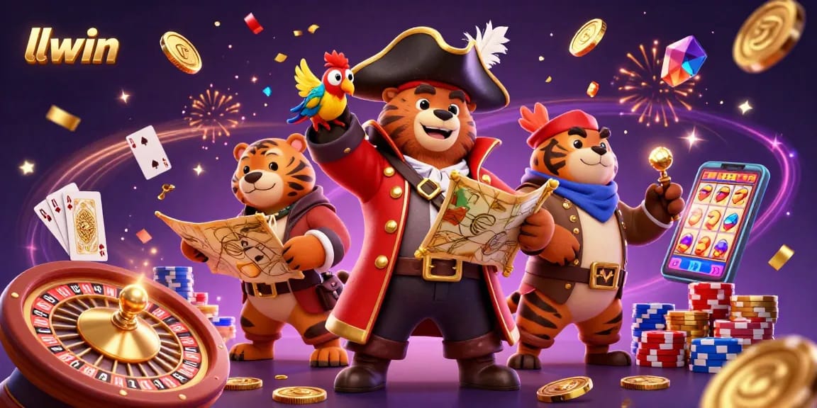 llwin’s vibrant casino adventure featuring a pirate bear, tiger, and sparkles of fortune.