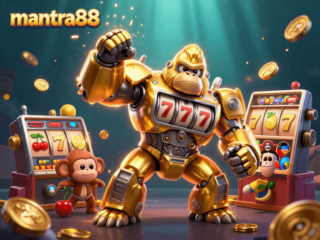 Experience excitement at mantra88 with our golden gorilla mech surrounded by dynamic slot reels and flying coins.