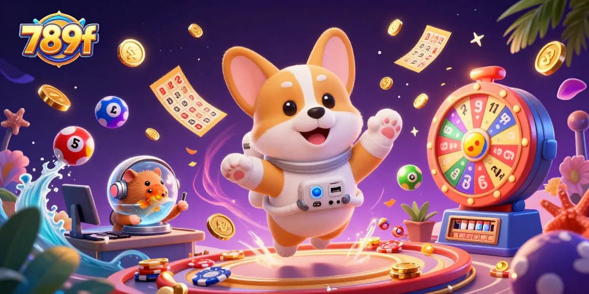 Experience thrilling gaming excitement with 789f's colorful floating lottery elements and energetic characters.