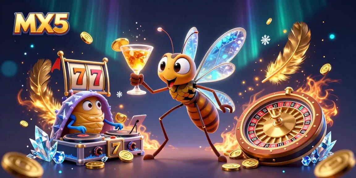 Experience thrilling gaming action at MX5 with a vibrant casino scene filled with slots and roulette excitement.