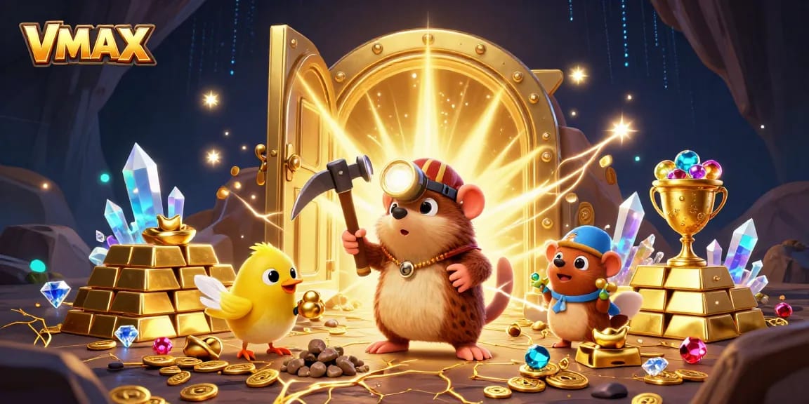 Experience VMAX's thrilling treasure game with a mole and canary in a dazzling gold cave.