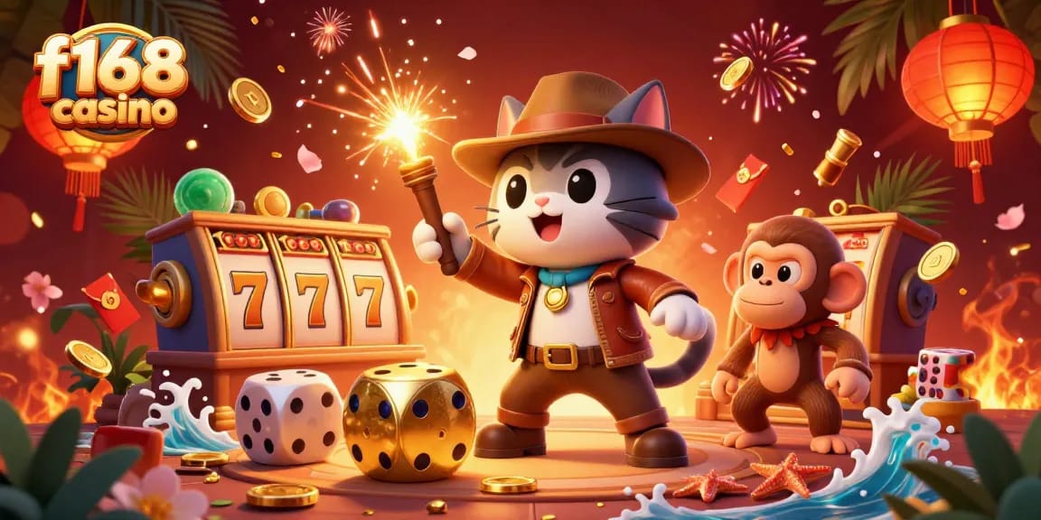 Experience the thrill of f168 casino with vibrant slots in a dynamic 3D treasure scene.