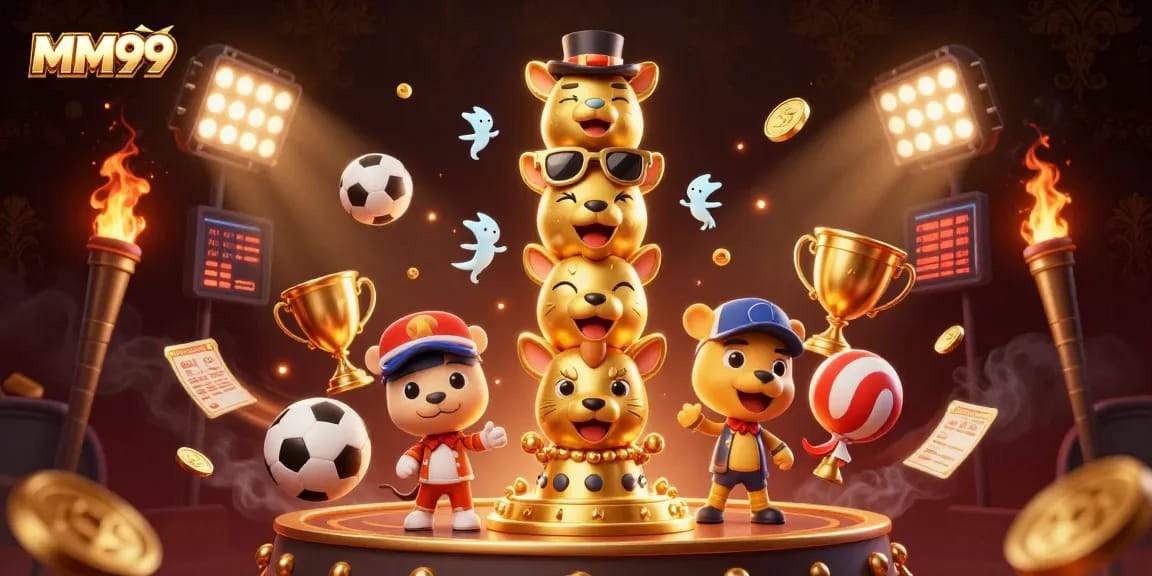 Engage in thrilling gaming experiences at MM99 with dynamic sports elements and an impressive totem.