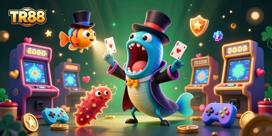 Engage with the TR88 magic of casino fun featuring vibrant characters performing tricks.