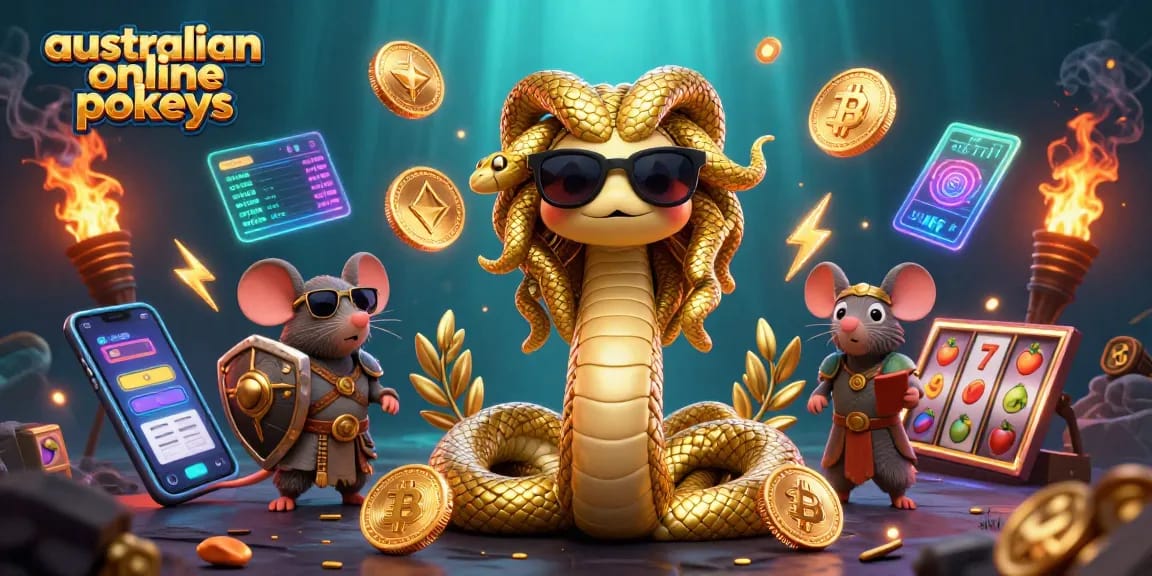 Play australian online pokies with a rich atmosphere featuring Medusa and a warrior mouse.
