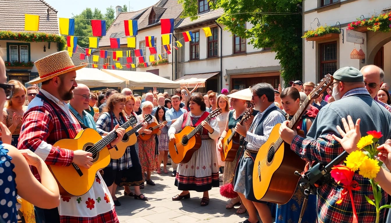 Ascultând muzica populara românească la un festival vibrant de tradiții.