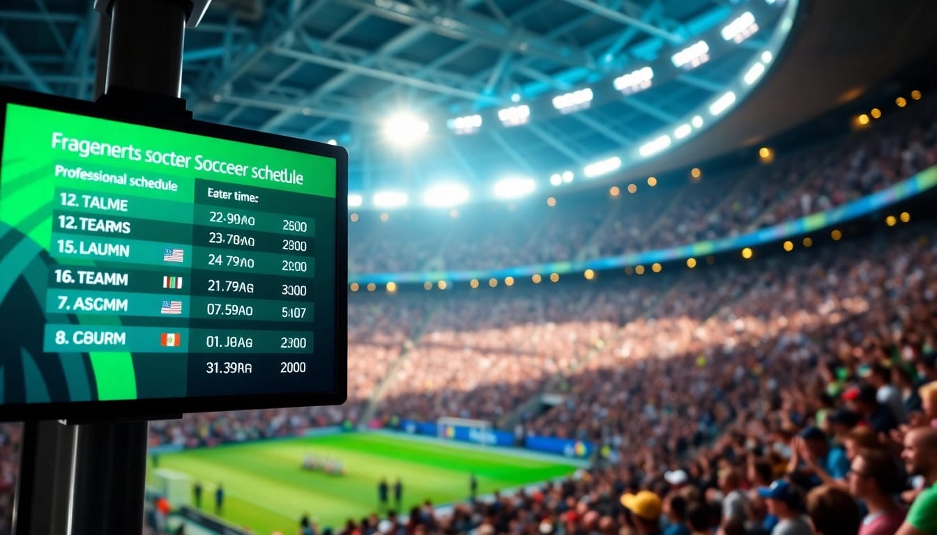 Jadwal bola pertandingan dengan detail waktu dan tim di layar digital.