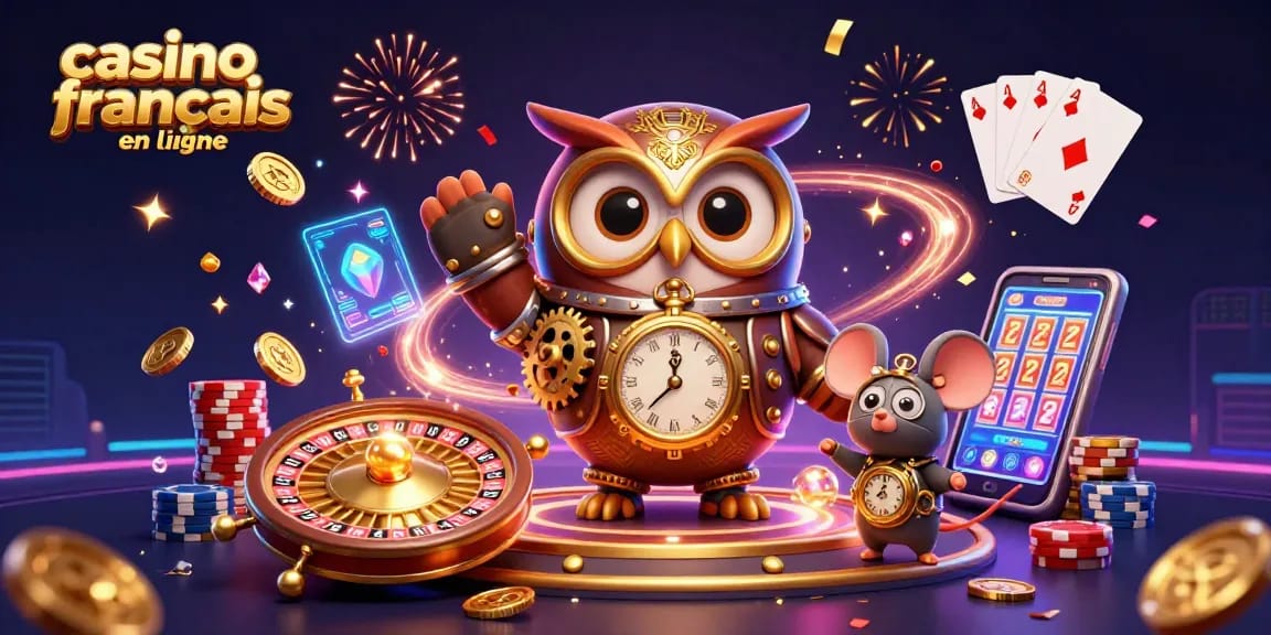 Gagnez au casino français en ligne avec un hibou steampunk et des éléments de jeu modernes.