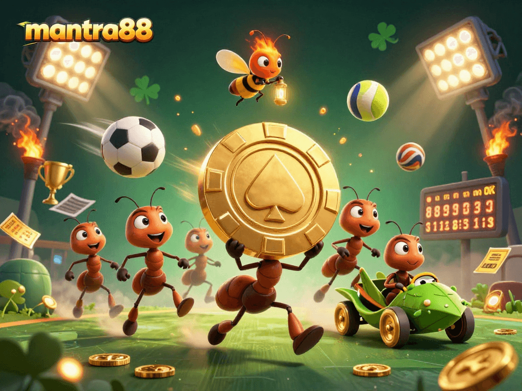 mantra88 showcases ants heisting a golden poker chip, emphasizing thrilling sports betting action