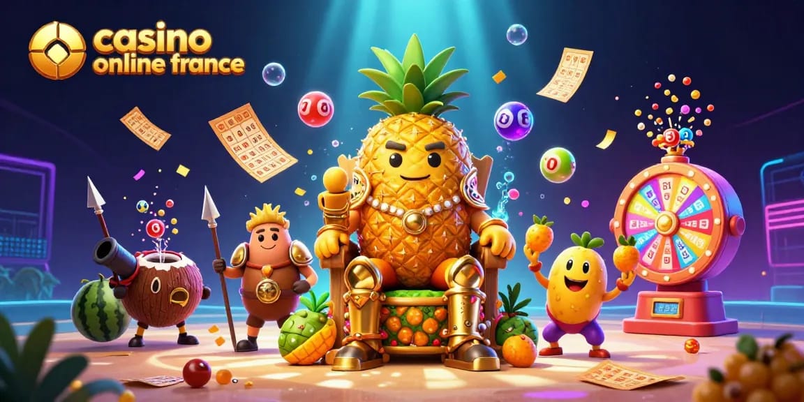 Découvrez une illustration animée vibrant sur le monde du casino en ligne France, avec un roi en ananas et des éléments de jeu.
