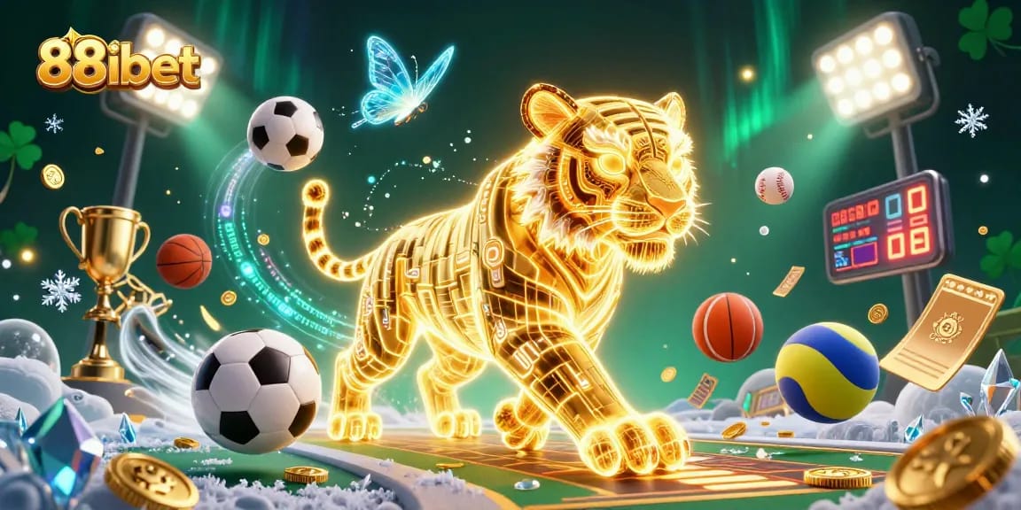 Engaging scene of 88ibet's vibrant casino landscape featuring a neon-tiger and sports elements.