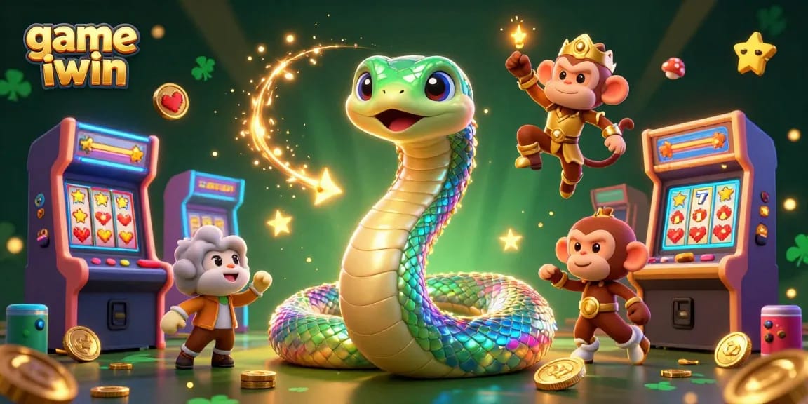 Playful scene of game iwin featuring a rainbow serpent, monkey king, and casino elements.