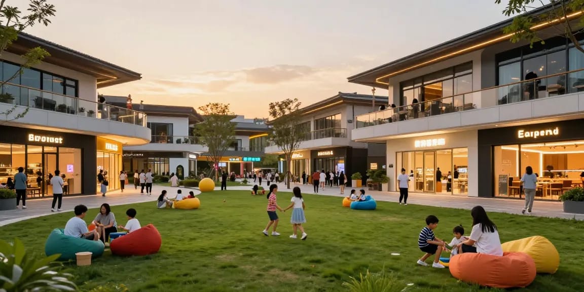MANTRA88 entertainment complex at www.mgoldproperties.com filled with families enjoying vibrant outdoor activities.