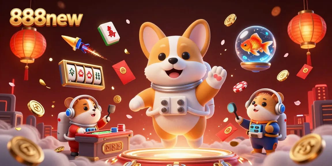 Experience the vibrant world of 888new with a floating 3D casino adventure featuring a cartoon astronaut corgi.