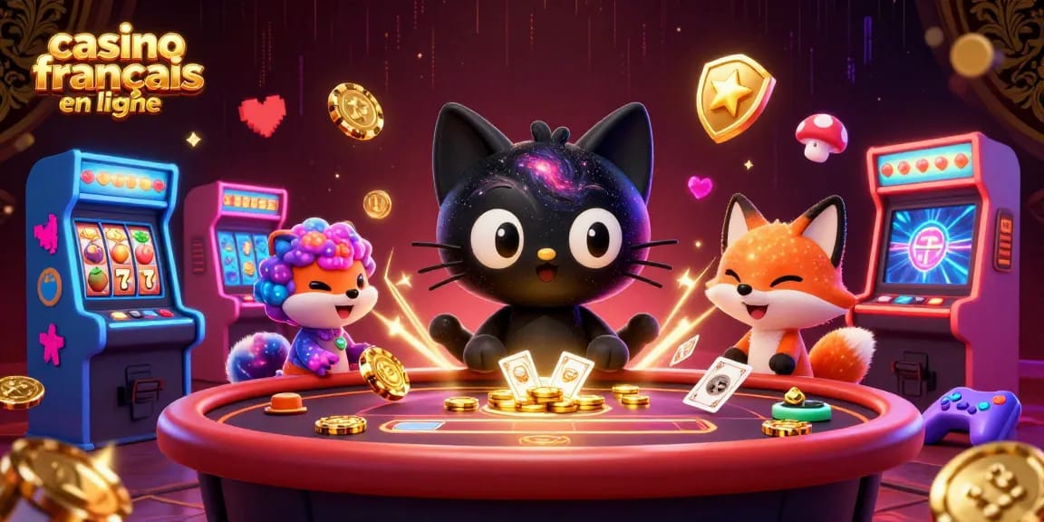Illustration dynamique de casino français en ligne avec une chatte trou noir attirant des jetons d'or et des cartes.