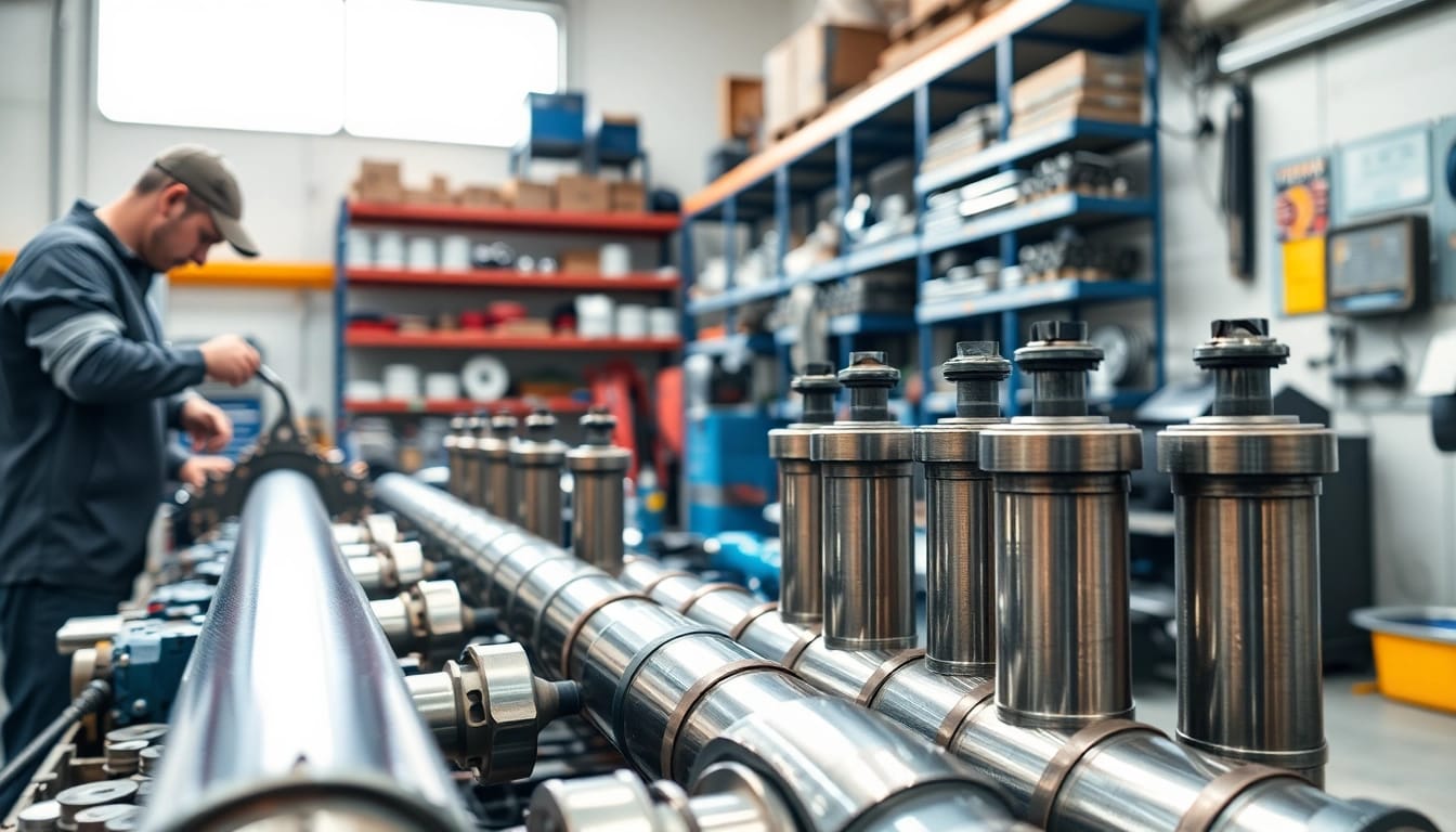 Technician performing hydraulic cylinder repair in a professional workshop environment.