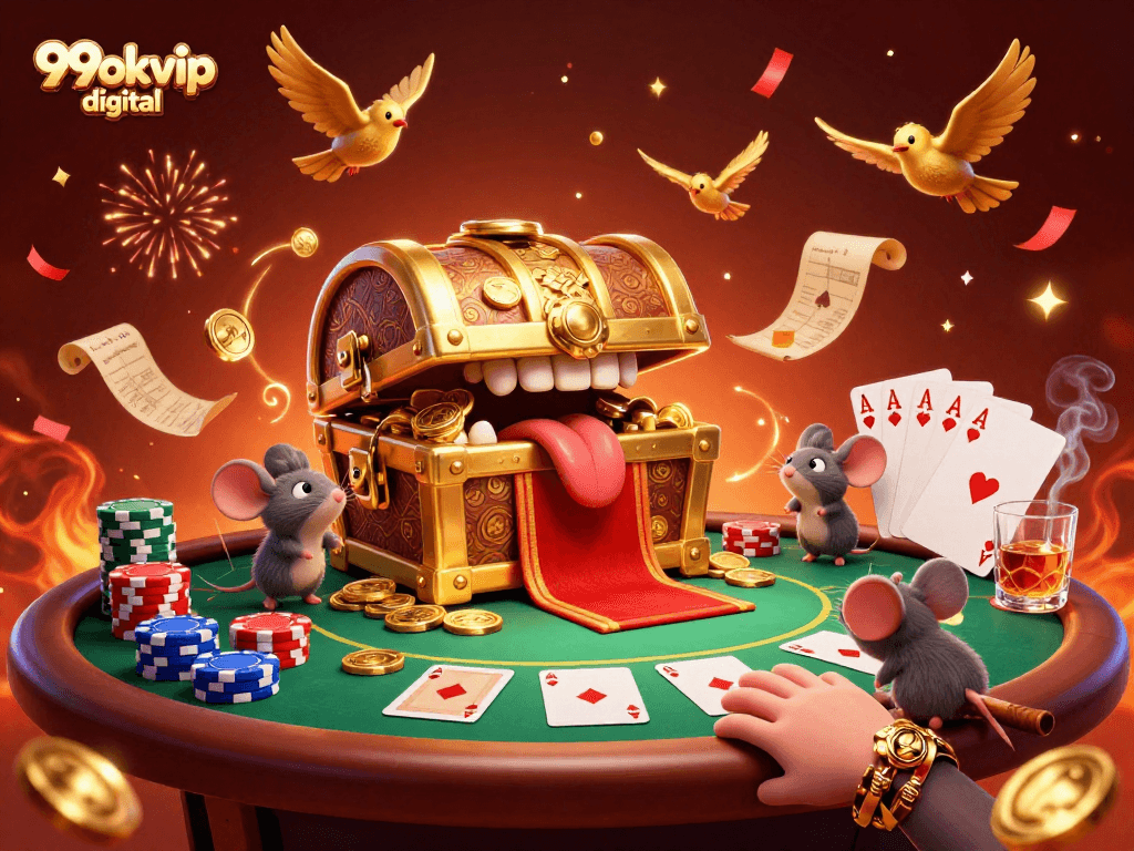 Experience the excitement of 99okvip digital with a vibrant 3D casino scene featuring treasure, poker, and celebration!