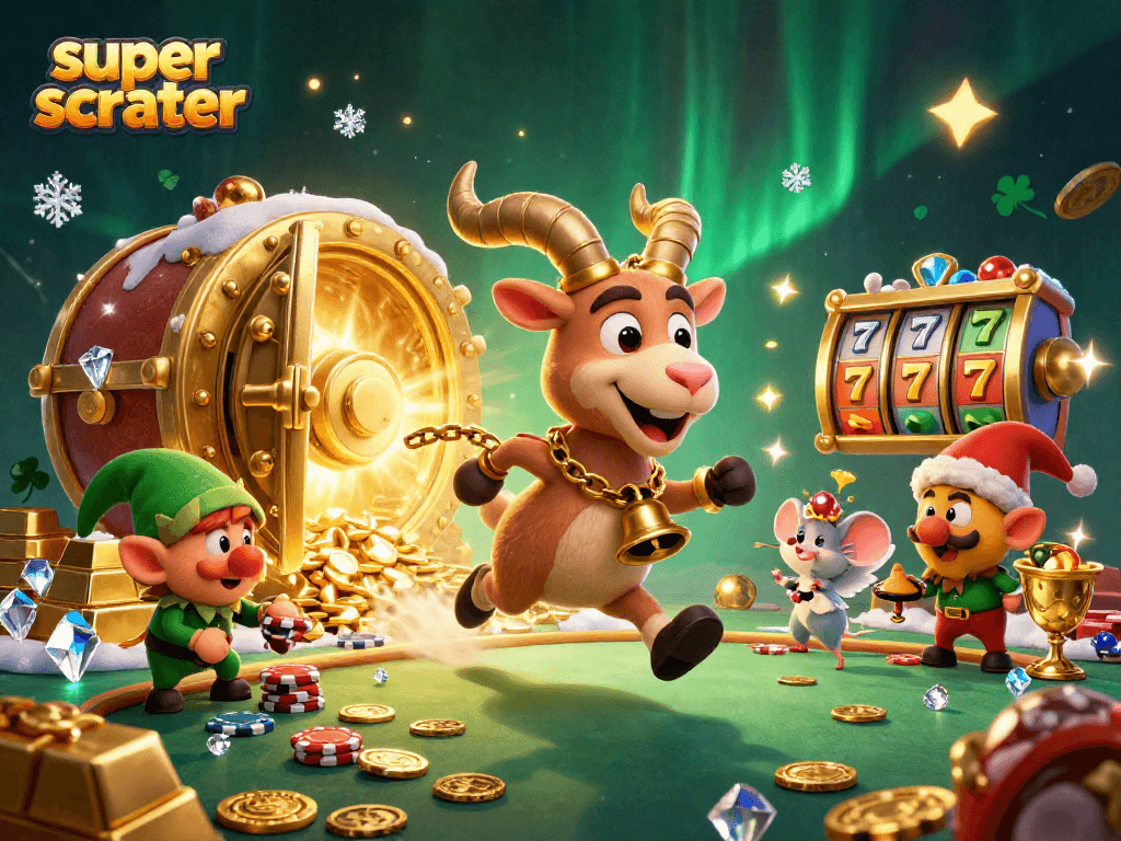 Engage with super scatter excitement in a festive casino scene featuring dynamic characters and treasures.