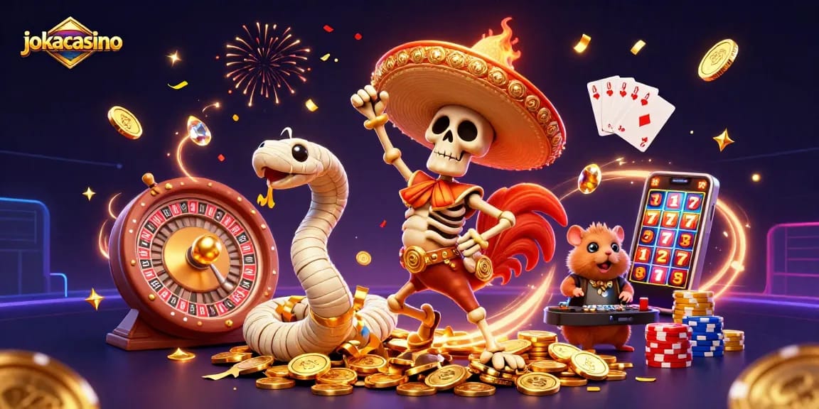 Engage with jokacasino's thrilling world, as a mariachi rooster celebrates on golden coins amidst vibrant casino action.