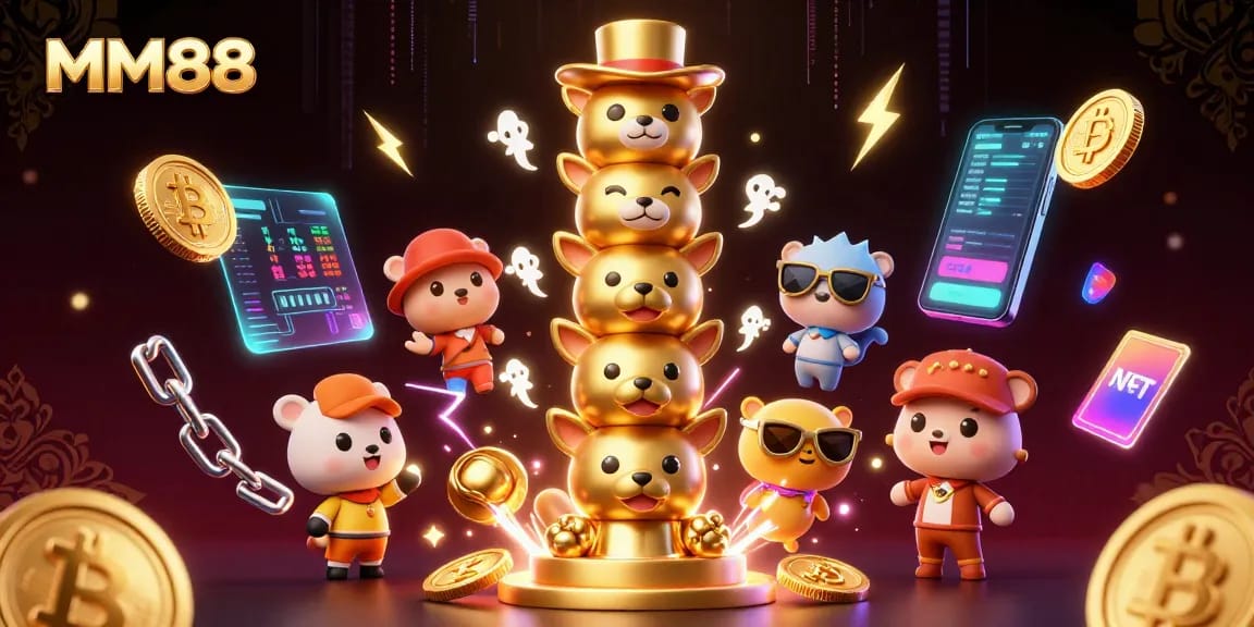 Experience the vibrant casino world of MM88 with animated golden totems and cryptocurrency elements.