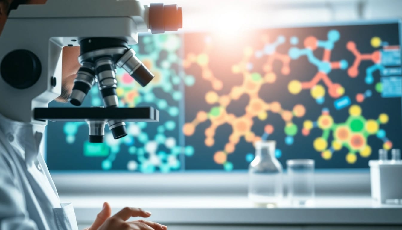 Examining mt1 peptides in a lab setting with a microscope and vibrant molecular displays.