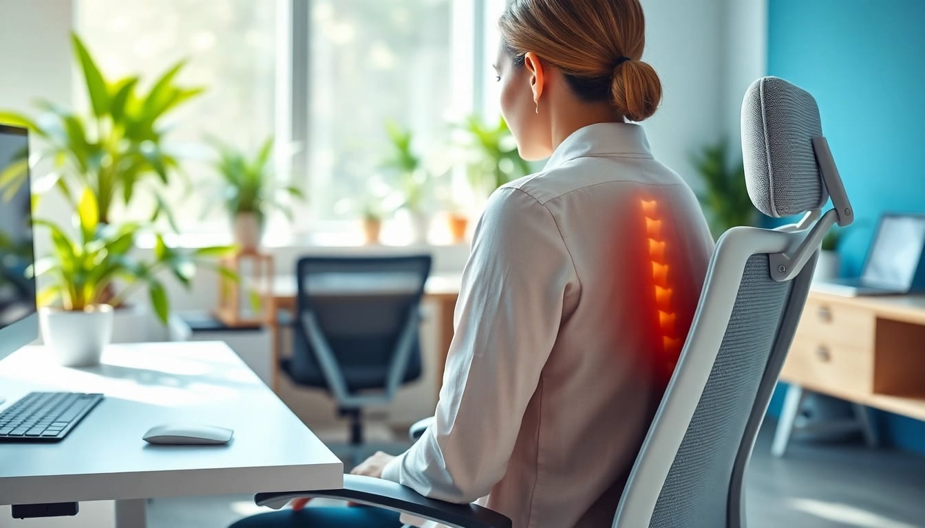 Improve posture while sitting with ergonomic techniques demonstrated in an office setup.