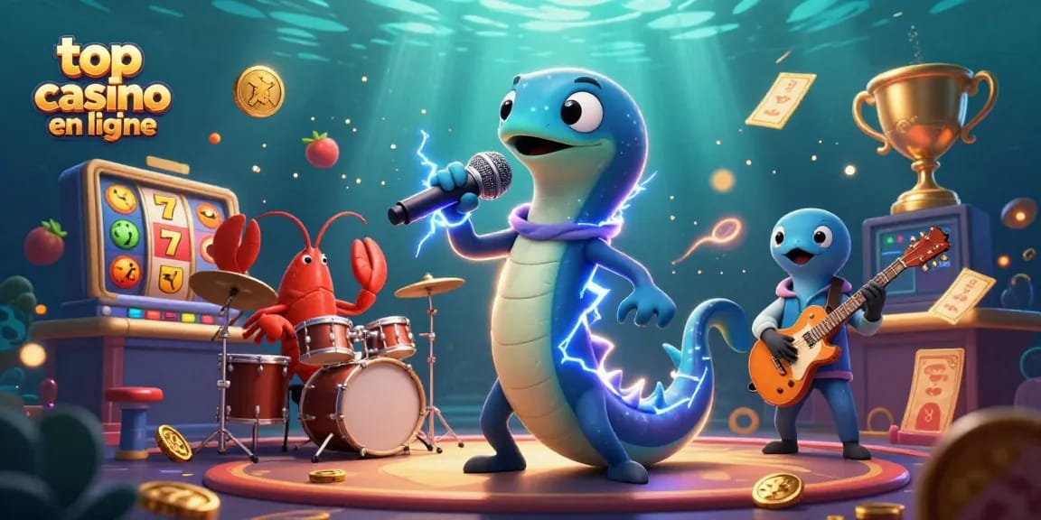 Vibrez comme jamais dans le top casino en ligne avec cette illustration captivante d'un electric eel DJ et son groupe sous-marin.