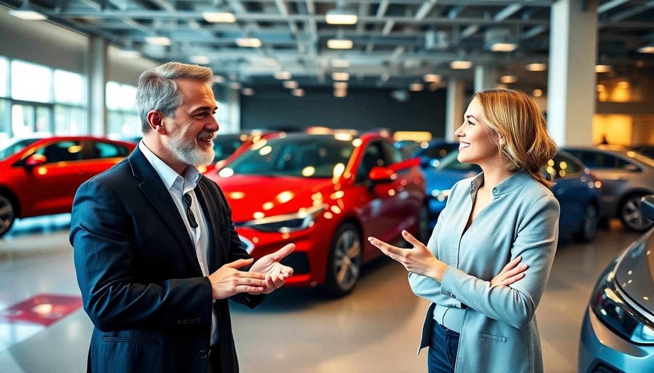 Buy New Car: Individuals exploring options at a modern car dealership.