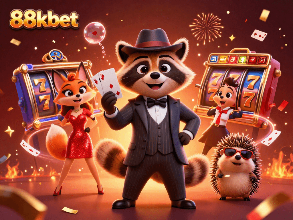 Experience excitement at 88kbet with a dynamic casino scene featuring characters and jackpots.