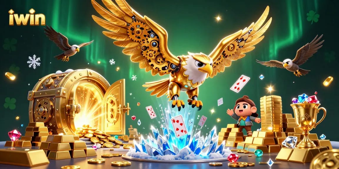 Experience iwin's thrilling gameplay with a golden eagle soaring through a casino treasure scene.