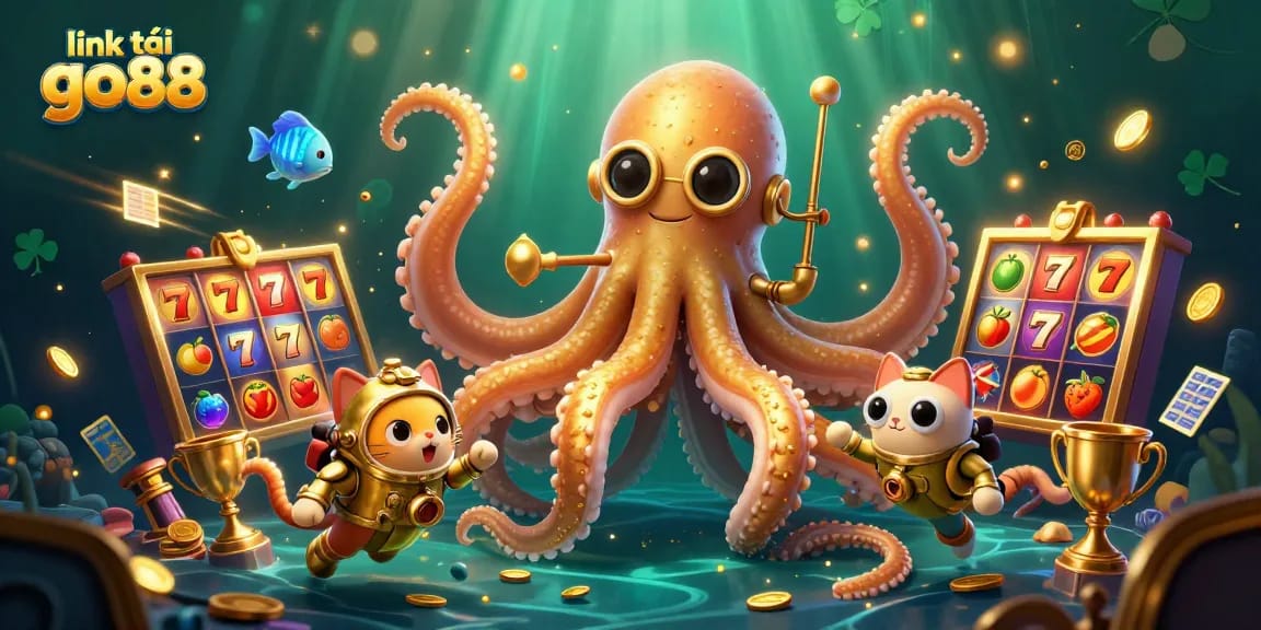Engage with exciting gaming action at link tải go88 featuring vibrant slot reels and a dynamic kraken scene.