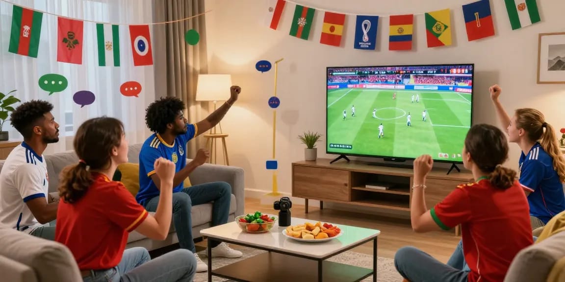 Penggemar menonton pertandingan Piala Dunia FIFA 2026 dengan TATA4D Live di ruang keluarga yang semarak.