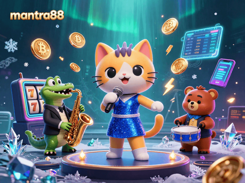 Experience vibrant gaming excitement at mantra88 with a dynamic casino scene featuring playful 3D characters.