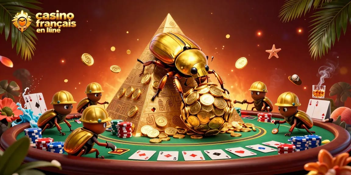 Illustration vibrante représentant un casino français en ligne avec des insectes et des éléments de poker.
