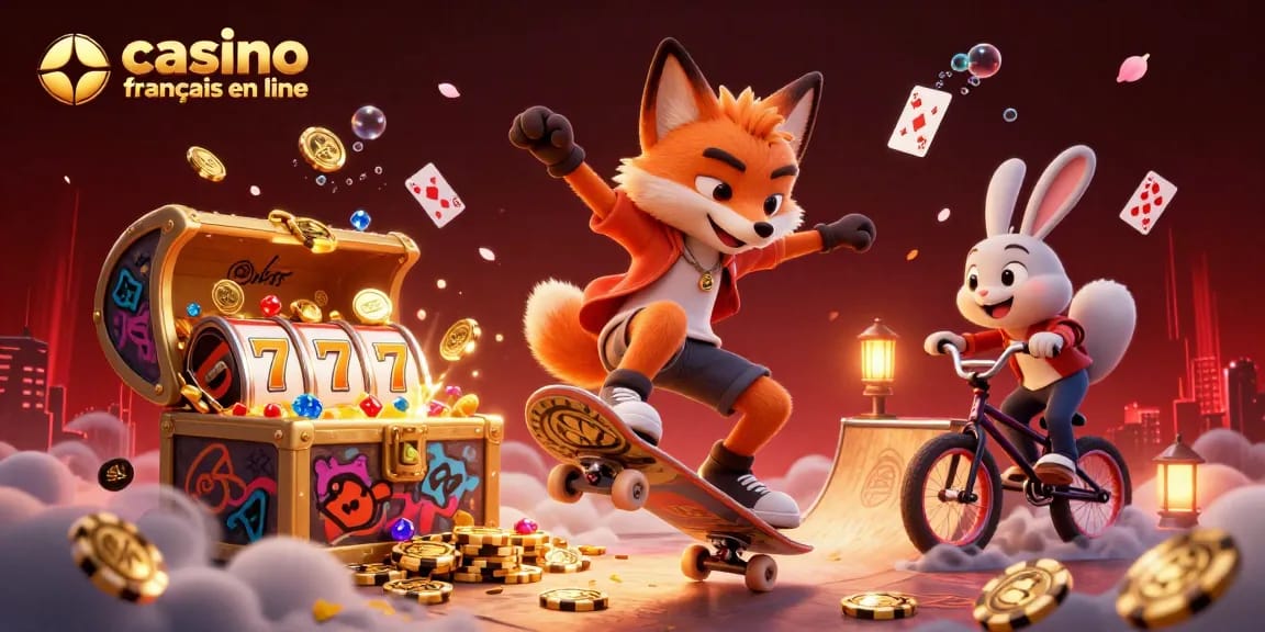 Illustration dynamique promouvant le casino français en ligne avec un renard skateboard et un lapin BMX entourés d'éléments de jeux.