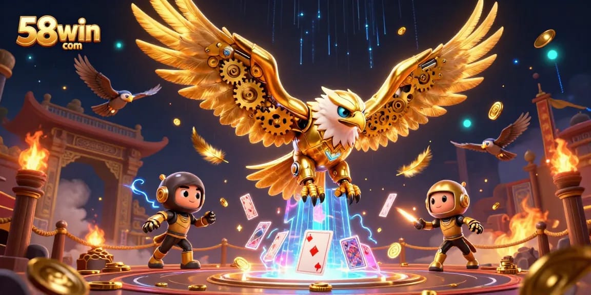 Experience excitement at 58win com as cybernetic characters dive through vibrant casino elements.