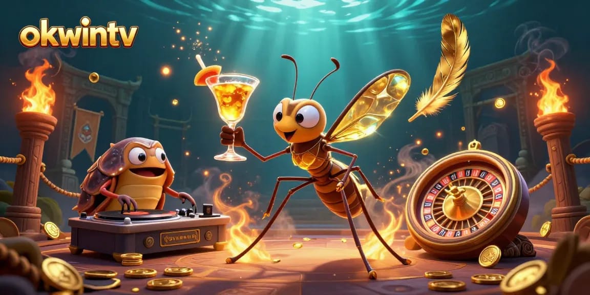 Experience the thrill of gaming with okwintv featuring a 3D mosquito mascot and golden roulette wheel.