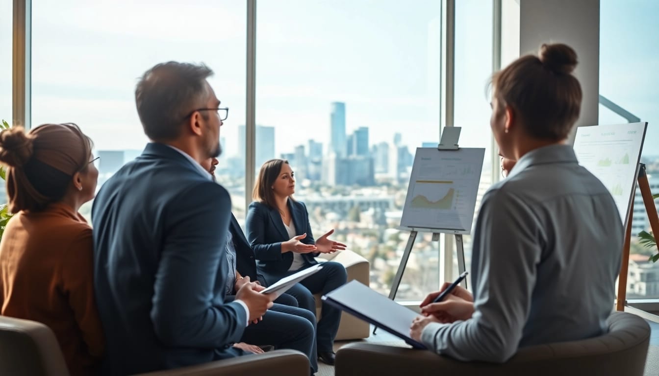 Business growth coach Sacramento facilitating a coaching session with clients in a modern office.