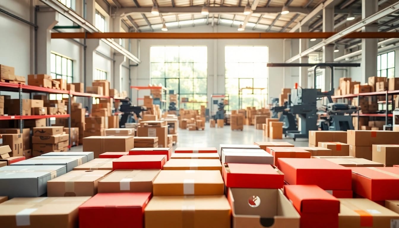 Highlighting innovative product packaging services with colorful packaging materials in a modern warehouse.