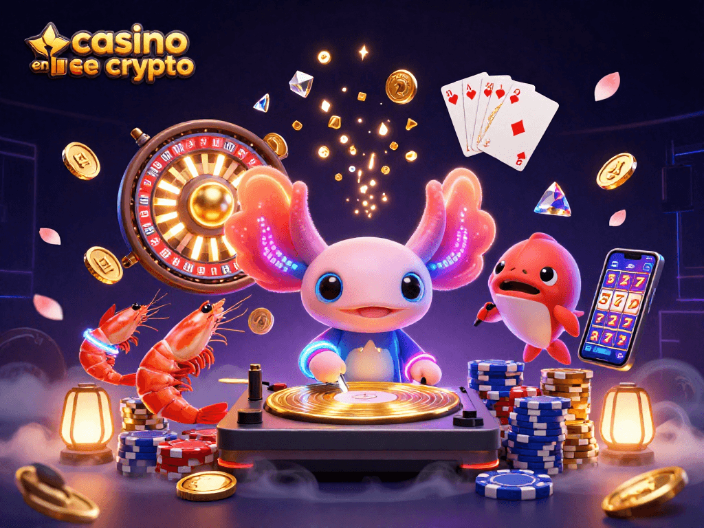 Véritables gains au casino en ligne crypto avec le DJ axolotl et ses crabes dans une scène colorée et dynamique.