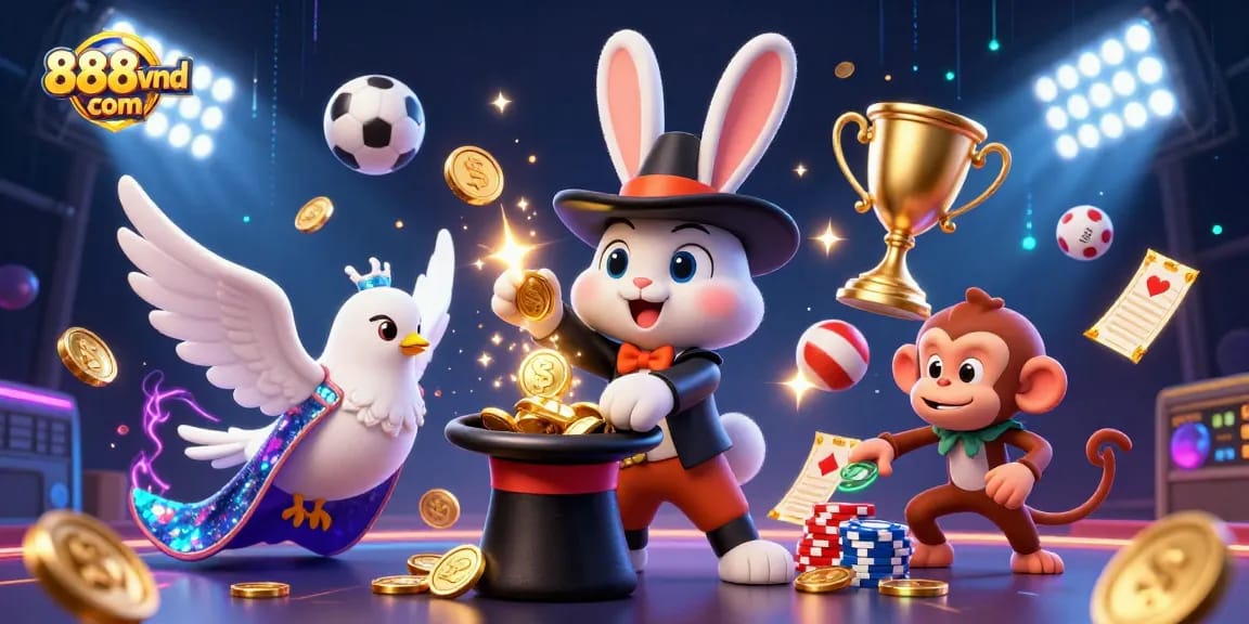 Experience the magic of 888vnd com with a whimsical casino scene featuring a magician, dove, and monkey.
