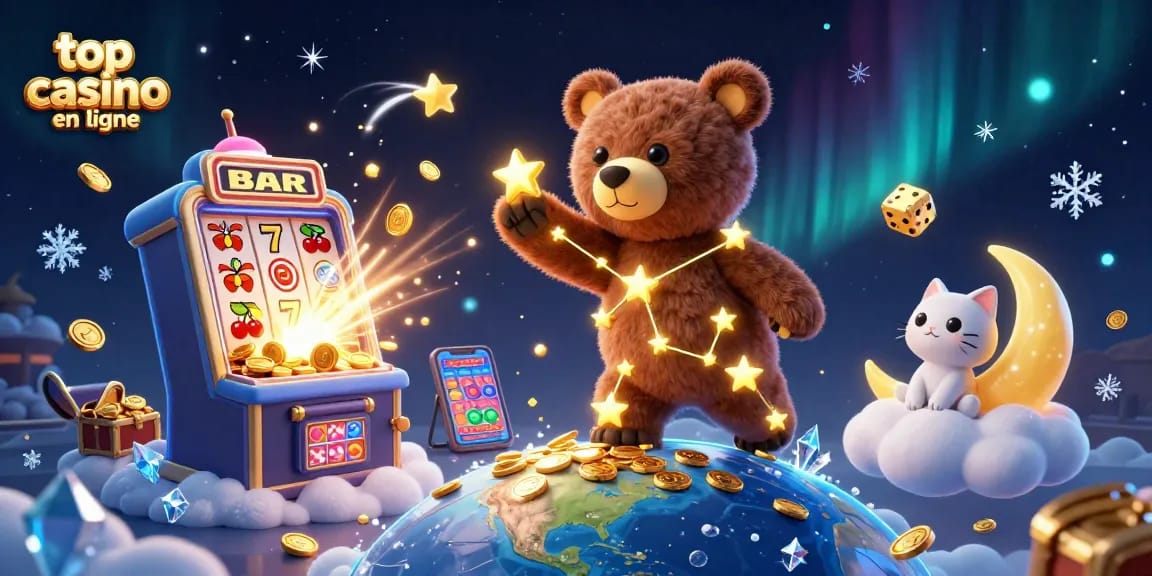 Illustration 3D colorée représentant un ours constellation cherchant des pièces d'or, dans le top casino en ligne.