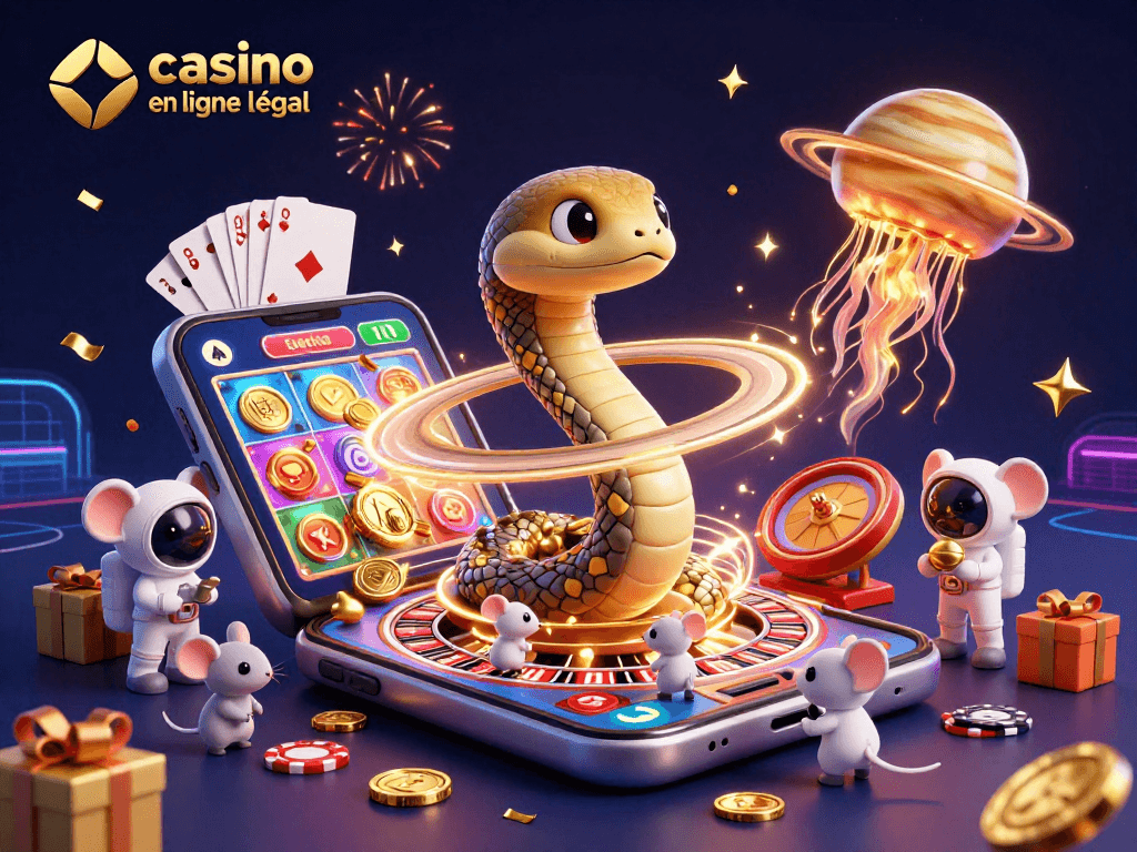 Illustration dynamique représentant un casino en ligne France légal avec un serpent Saturne et des astronautes engagés dans des paris.