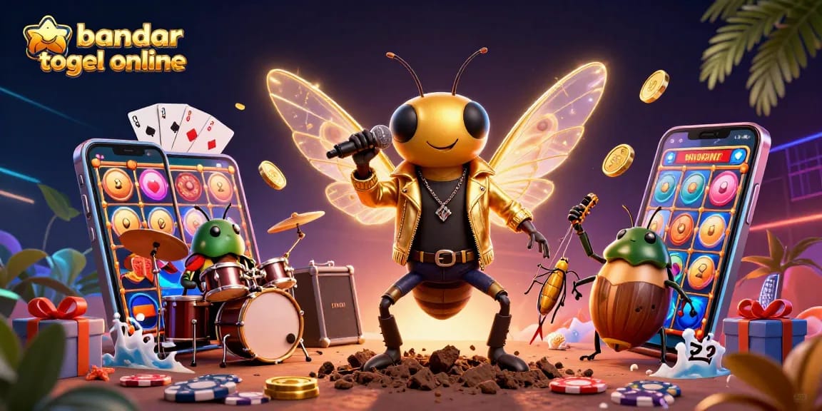 Experience thrilling games at bandar togel online with cartoon characters buzzing in a vibrant casino scene.