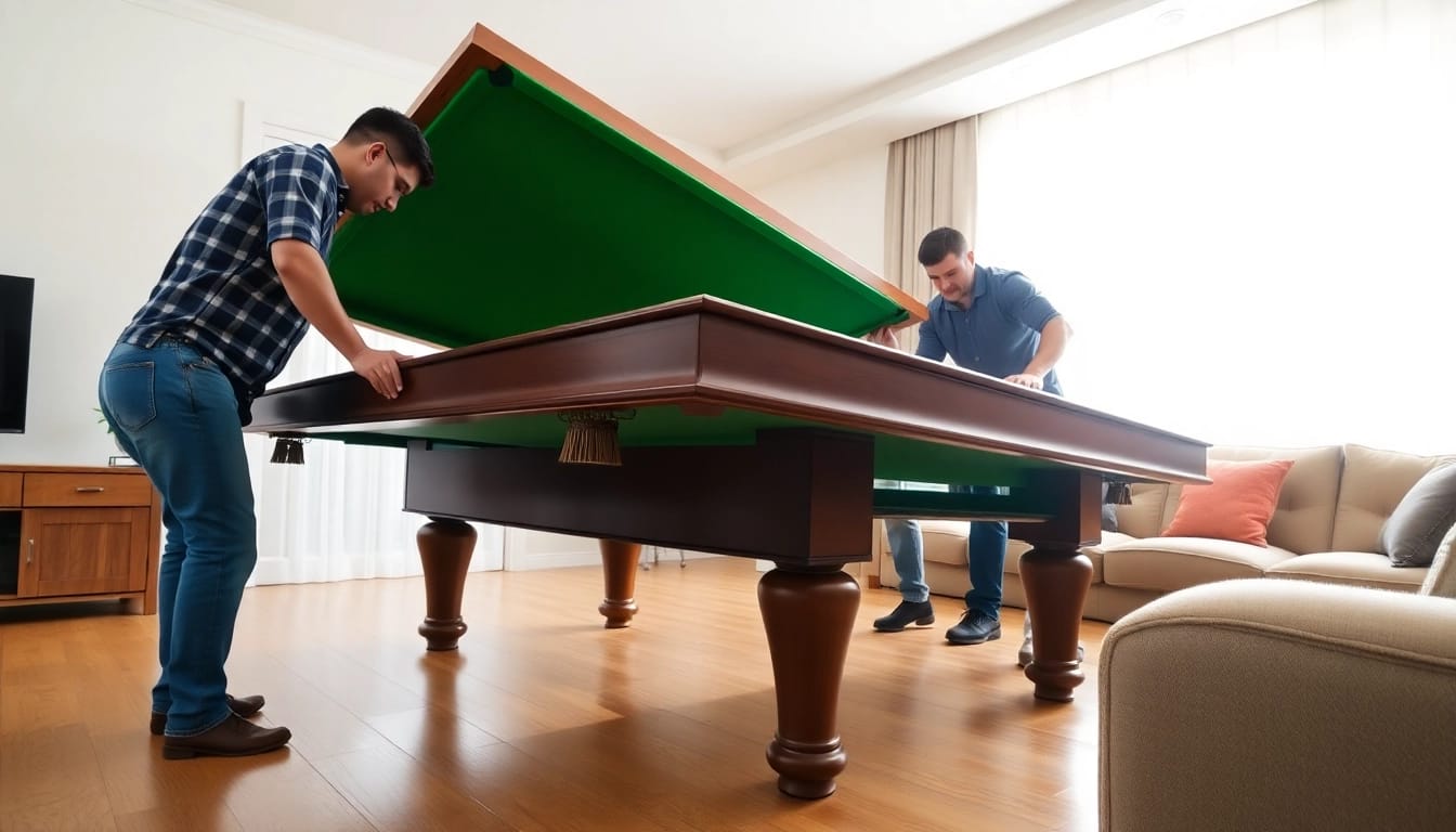 Skilled pool table movers dallas disassembling a slate table in a professional setting.