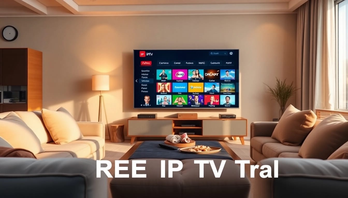 Engage with a FREE IPTV Trial through a modern streaming setup with vibrant TV channels.