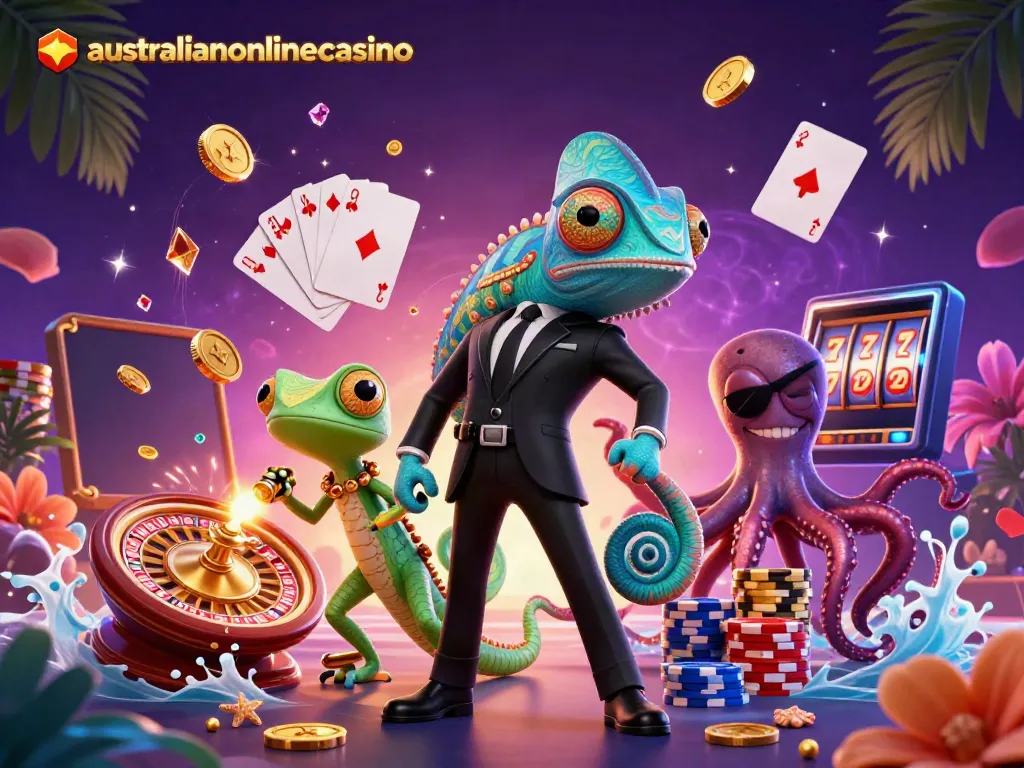 Engage with the vibrant world of australianonlinecasino, where a secret agent chameleon, tech gecko, and octopus celebrate big wins amidst casino excitement.