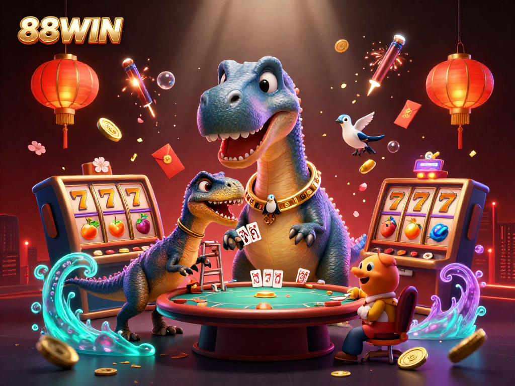 Engage in thrilling gaming at 88WIN with a vibrant casino scene featuring unique characters and lucky symbols.