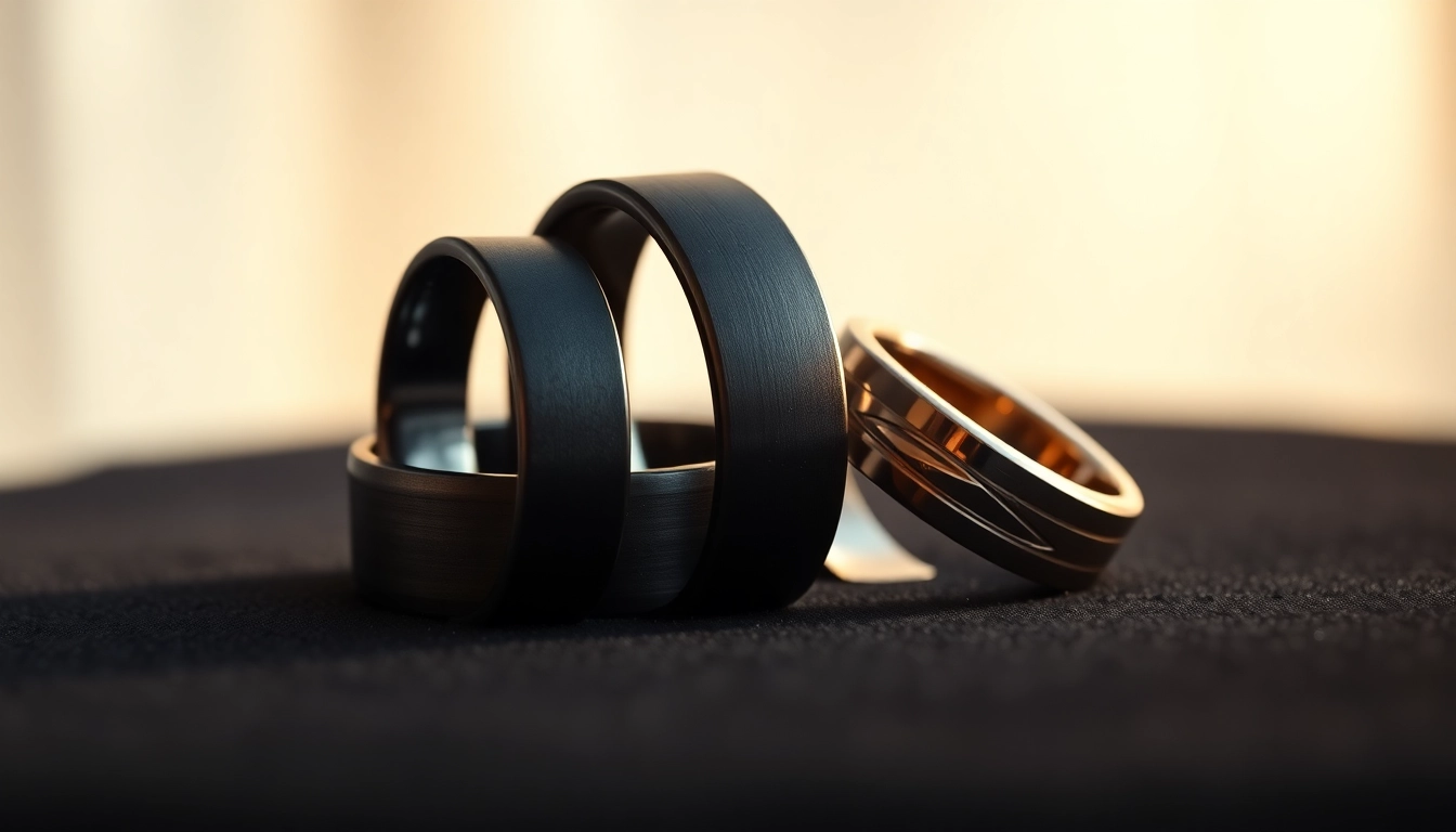 Showcasing stunning dark mens wedding bands with elegant finishes on a plush surface.