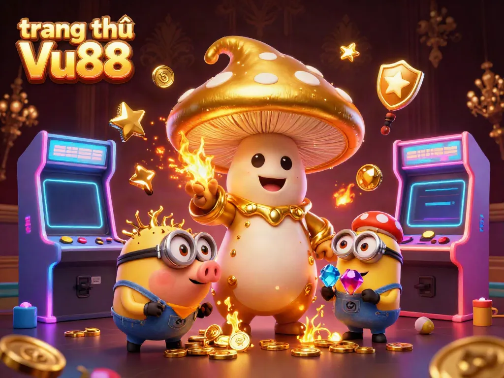 Immerse in the magic of trang chủ Vu88 with a wizard, treasure pig, and gemstone-carrying minions in a vibrant casino scene.